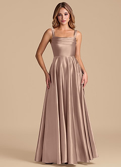 Azazie Shaude 신부 들러리 드레스 A라인 주름진 메탈릭 새틴 바닥 길이 드레스 image5