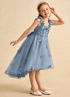Azazie Tweety Robe Demoiselle D'honneur Fillette Robe Trapèze en Tulle Dentelle Bleu Poussiéreux image5