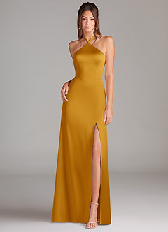 Azazie Elliana Bridesmaid Dresses Butterscotch A-Line Side Slit Stretch Satin Dress image4