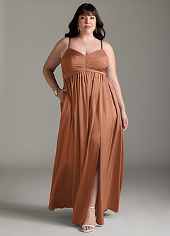 Azazie Alia Bridesmaid Dresses Bronzer A-Line Pleated Stretch Satin Dress image10