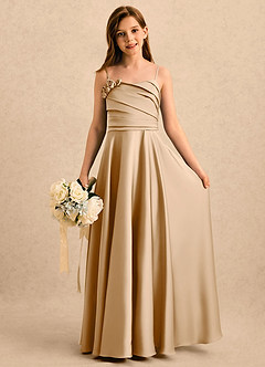 Azazie Gracie Girls Formal Robe Demoiselle D'honneur Fillette Robe Trapèze en Satin extensible Encolure en Forme de Cœur Or image1
