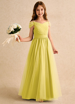 Azazie Yuna Girls Formal Abiti da Ragazza di Fiori Abito A-Line in Tulle Spalle Scoperte Canarino image1