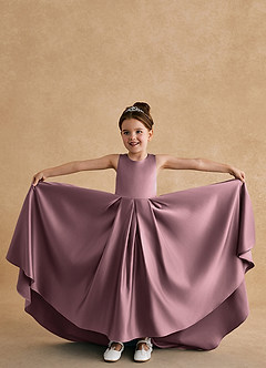 Azazie Sammy Robe Demoiselle D'honneur Fillette Robe Trapèze en Mat Satiné Dentelle Mauve Vintage image3