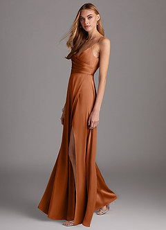 Azazie Calissa Bridesmaid Dresses Copper A-Line V-Neck Pleated Stretch Satin Dress image4