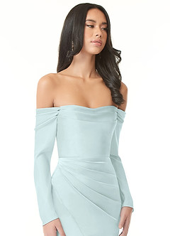 Azazie Hallie Bridesmaid Dresses Sea Glass Sheath Off-The-Shoulder Long Sleeve Stretch Satin Convertible Dress image1