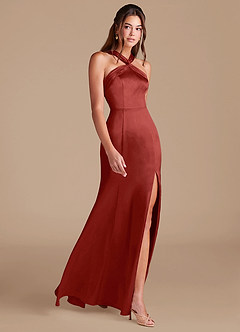Azazie Rue Bridesmaid Dresses Rust Sheath Pleated Metallic Satin Dress image4