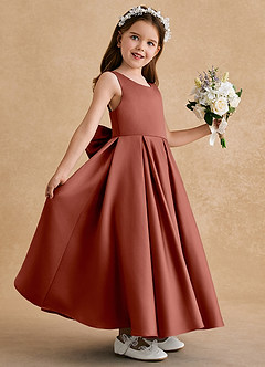Azazie Honey Bear Flower Girl Dresses Auburn A-Line Pleated Matte Satin Dress image5