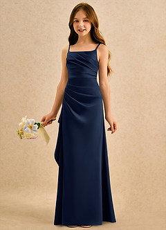 Azazie Cannoli Girls Formal Blumenmädchenkleider A-Linie Plissee Matte Satin Kleid Dunkelmarine image5