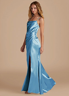 Azazie Marzia Bridesmaid Dresses Steel Blue Mermaid Pleated Metallic Satin Dress image2