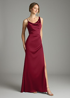 Azazie Samara Essayer des robes à la maison Robe Sirène en Satin extensible Plissée Bourgogne image4