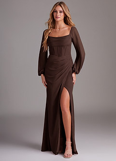 Azazie Charissa Bridesmaid Dresses Ganache Sheath Long Sleeve Chiffon Dress image1