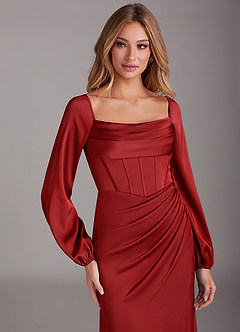 Azazie Charissa Bridesmaid Dresses Pomegranate Sheath Long Sleeve Stretch Satin Dress image7