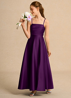 Azazie Pebbles Girls Formal 플라워 걸 드레스 A라인 주름진 매트 새틴 발목 길이 드레스 image4