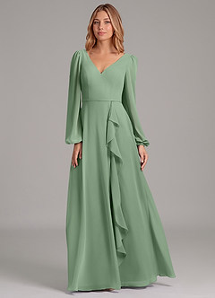 Azazie Simone Final Sale Matcha A-Line Long Sleeve Chiffon Dress image5