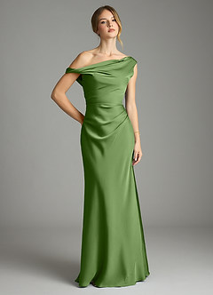 Azazie Emerson Bridesmaid Dresses Basil Mermaid Off the Shoulder Stretch Satin Dress image1