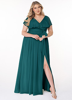 Azazie Jael Bridesmaid Dresses Peacock A-Line V-Neck Mesh Dress image9
