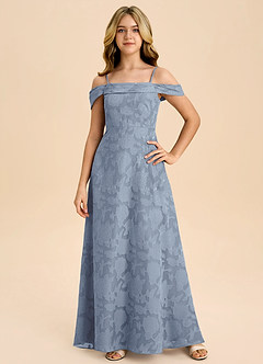 Azazie Anselie Junior Dusty Blue A-Line Off the Shoulder Floral Burnout Dress image3