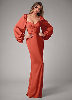 Azazie Sonata Bridesmaid Dresses Rust Sheath Long Sleeve Stretch Satin Convertible Dress image5