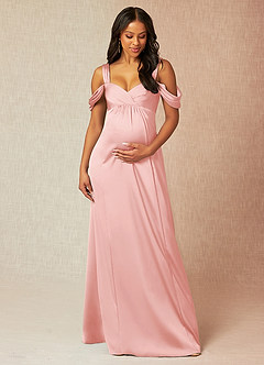 Azazie Rhea Robes de demoiselle d'honneur de maternité Robe Trapèze Épaule nue plissée Longueur ras du sol Satin extensible image1