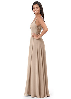 Azazie Lennon Bridesmaid Dresses Taupe A-Line Lace Chiffon Dress image3