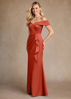 Azazie Laredo Mother of the Bride Dresses Rust Mermaid Off the Shoulder Stretch Satin Dress image2