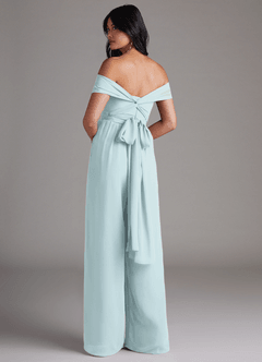 Azazie Lamara Bridesmaid Dresses Mist Off the Shoulder Chiffon Convertible Jumpsuit image5