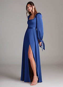 Azazie Leonia Bridesmaid Dresses Royal Blue A-Line Long Sleeve Stretch Satin Dress image5