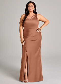 Azazie Madelyn Robes de demoiselle d'honneur Robe Sirène Convertible en Satin extensible Ue épaule Bronze image10
