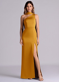 Azazie Philana Bridesmaid Dresses Butterscotch A-Line One Shoulder Stretch Satin Dress image1