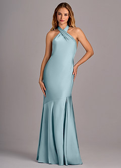 Azazie Lorena Bridesmaid Dresses Moody Blue Mermaid Pleated Stretch Satin Dress image4