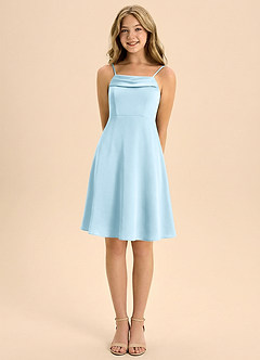 Azazie Anselie Junior Abito A-Line in Raso Elasticizzato Plissettato Azzurro image5