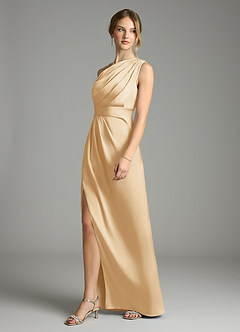 Azazie Emorie Bridesmaid Dresses Gold Sheath One Shoulder Stretch Satin Dress image3