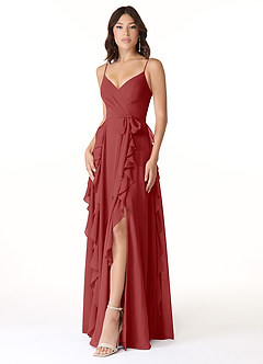 Azazie Peyton Bridesmaid Dresses Rust A-Line Ruched Chiffon Dress image1
