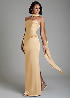 Azazie Harlow Robes de demoiselle d'honneur Robe Fourreau en Satin extensible Corset Or image8