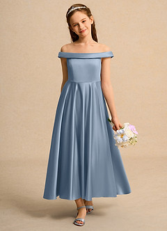 Azazie Teeny Junior Formal Jurken voor bloemenmeisjes A-Lijn Jurk van Mat Satijn Geplooid Stoffig Blauw image3