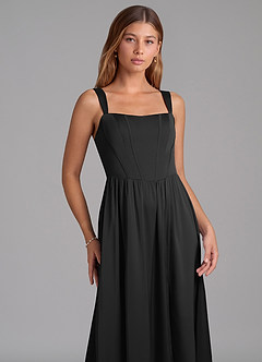 Azazie Rosaline Bridesmaid Dresses Black A-Line Side Slit Stretch Satin Dress image6