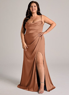 Azazie Johana Robes de demoiselle d'honneur Robe Sirène Convertible en Satin extensible Épaule décolletée Bronze image12