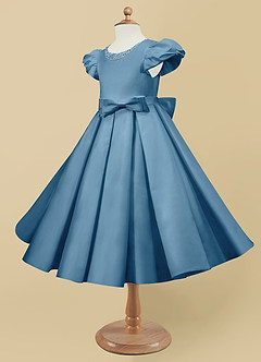 Azazie Jewel Jurken voor bloemenmeisjes Baljurk Jurk van Mat Satijn Geplooid Staal Blauw image6