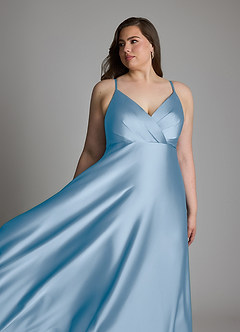Azazie Amani At-home Try On Dresses Dusty Blue A-Line Pleated Stretch Satin Dress image11