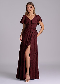 Azazie Lainey 신부 들러리 드레스 A라인 포켓이 있는 플로럴 번아웃 바닥 길이 드레스 image1