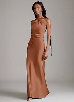 Azazie Cassiana Jurken voor bruidsmeisjes Jurk van Stretch Satijn met Zeemeermin Geplooid Bronzeertint image5