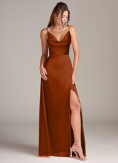 Azazie Sarella Bridesmaid Dresses Auburn A-Line with Pockets Metallic Satin Dress image3