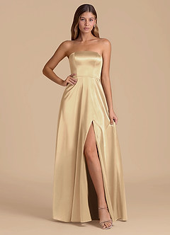 Azazie Wren 신부 들러리 드레스 A라인 스트랩리스 메탈릭 새틴 바닥 길이 드레스 image1