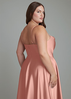 Azazie Elle Bridesmaid Dresses Rosette A-Line Pleated Stretch Satin Dress image15