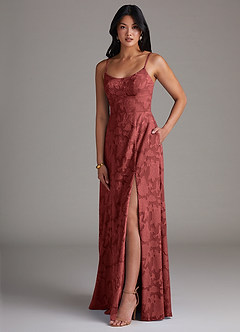 Azazie Moira Bridesmaid Dresses Terracotta A-Line Side Slit Floral Burnout Dress image3