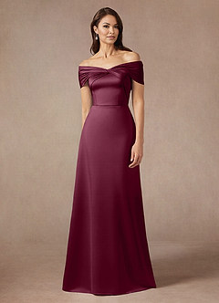Azazie Amelia Mother of the Bride Dresses Mulberry A-Line Off the Shoulder Stretch Satin Dress image1