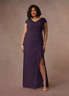 Azazie Roya Mother of the Bride Dresses Plum Mermaid V-Neck Pleated Mesh Dress image7