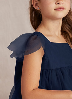 Azazie Kalio Robe Demoiselle D'honneur Fillette Robe Trapèze en Tulle avec manches Bleu Marine Foncé image3