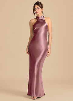 Azazie Velli Bridesmaid Dresses Vintage Mauve Sheath High Neck Metallic Satin Dress image4