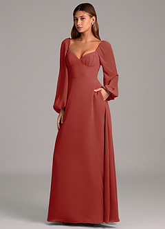 Azazie Annistyn Abiti da Damigella Abito A-Line in Chiffon Manica Lunga Terracotta image1